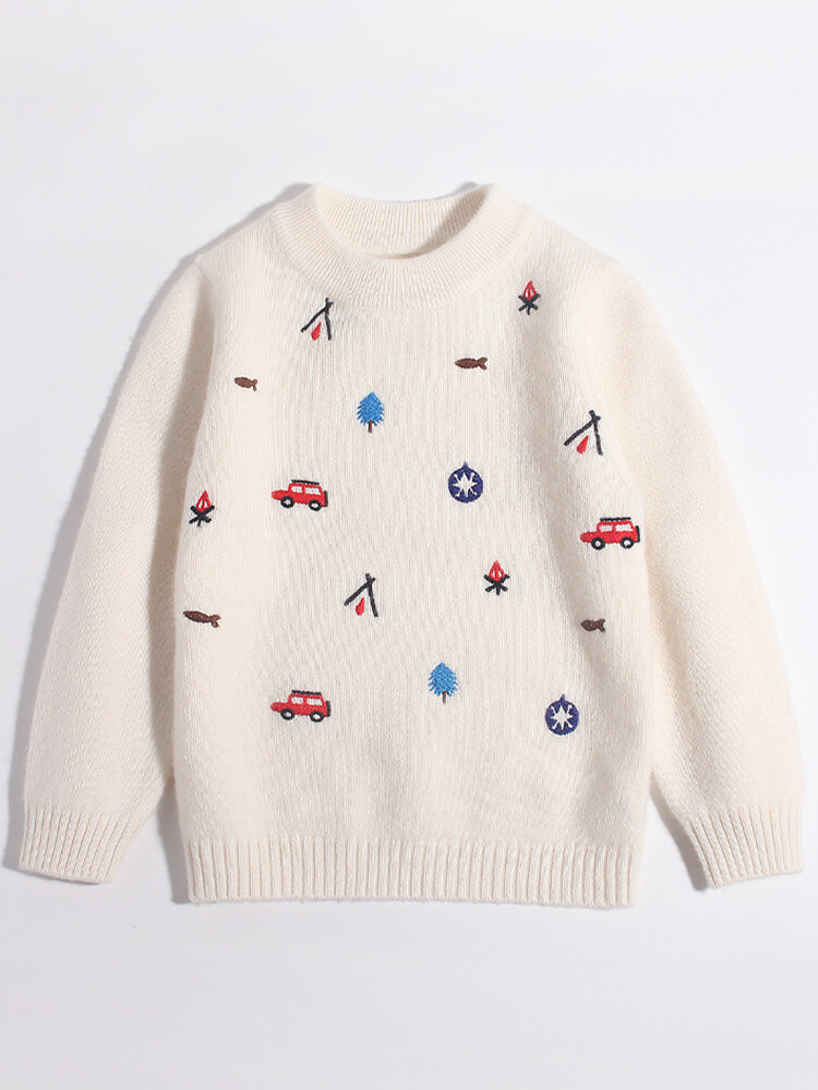 Kids Outdoor Adventure-Themed Ivory White Cashmere Sweater